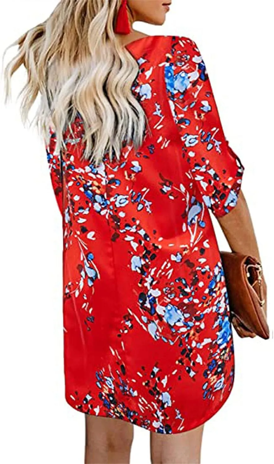 Women Summer Button Down V Neck Dress Casual 3/4 Bell Sleeve Mini Dress Loose Tunic Vintage Flowy Swing Shift Dresses