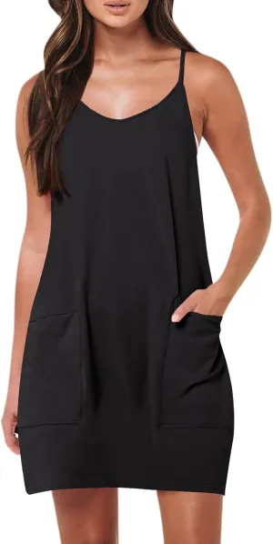 Women Summer Casual Swing T Shirt Dresses Beach Cover up Plain Tank Dress with Pockets