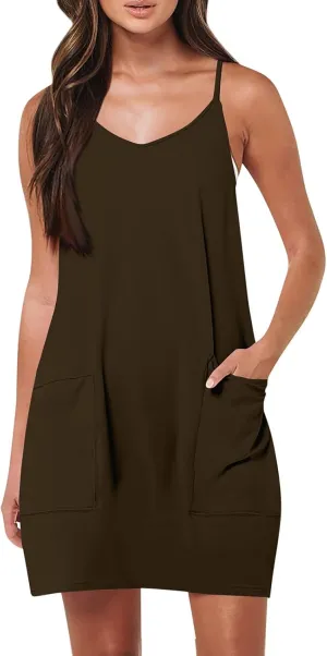 Women Summer Casual Swing T Shirt Dresses Beach Cover up Plain Tank Dress with Pockets