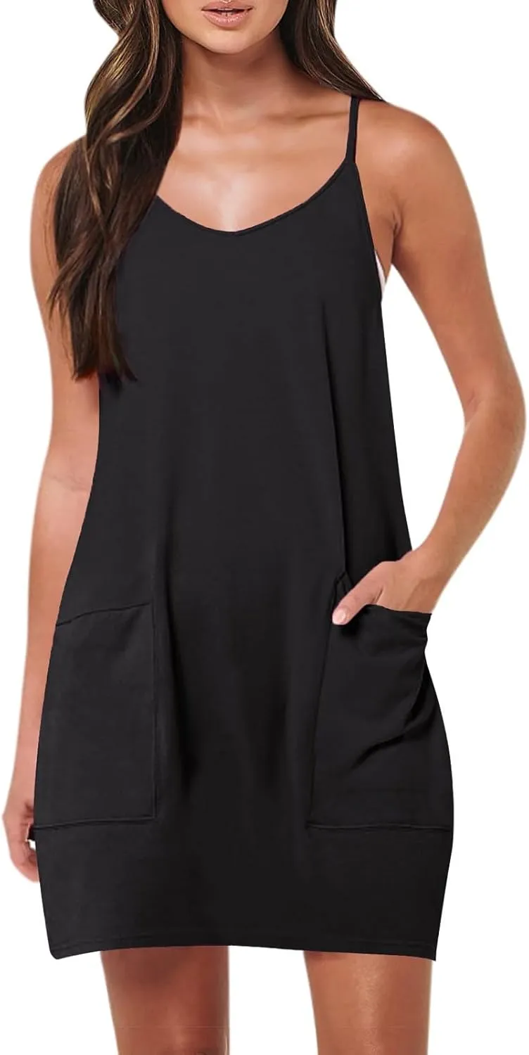 Women Summer Casual Swing T Shirt Dresses Beach Cover up Plain Tank Dress with Pockets