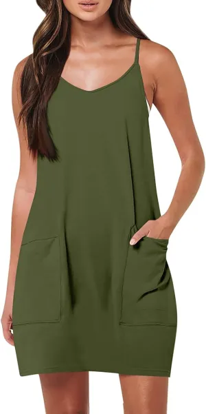 Women Summer Casual Swing T Shirt Dresses Beach Cover up Plain Tank Dress with Pockets