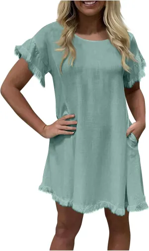 Women Summer Dress Plus Size Round Neck Ruffle Short Sleeve Modest Frayed Dresses Casual Fashion Loose Mini Dress