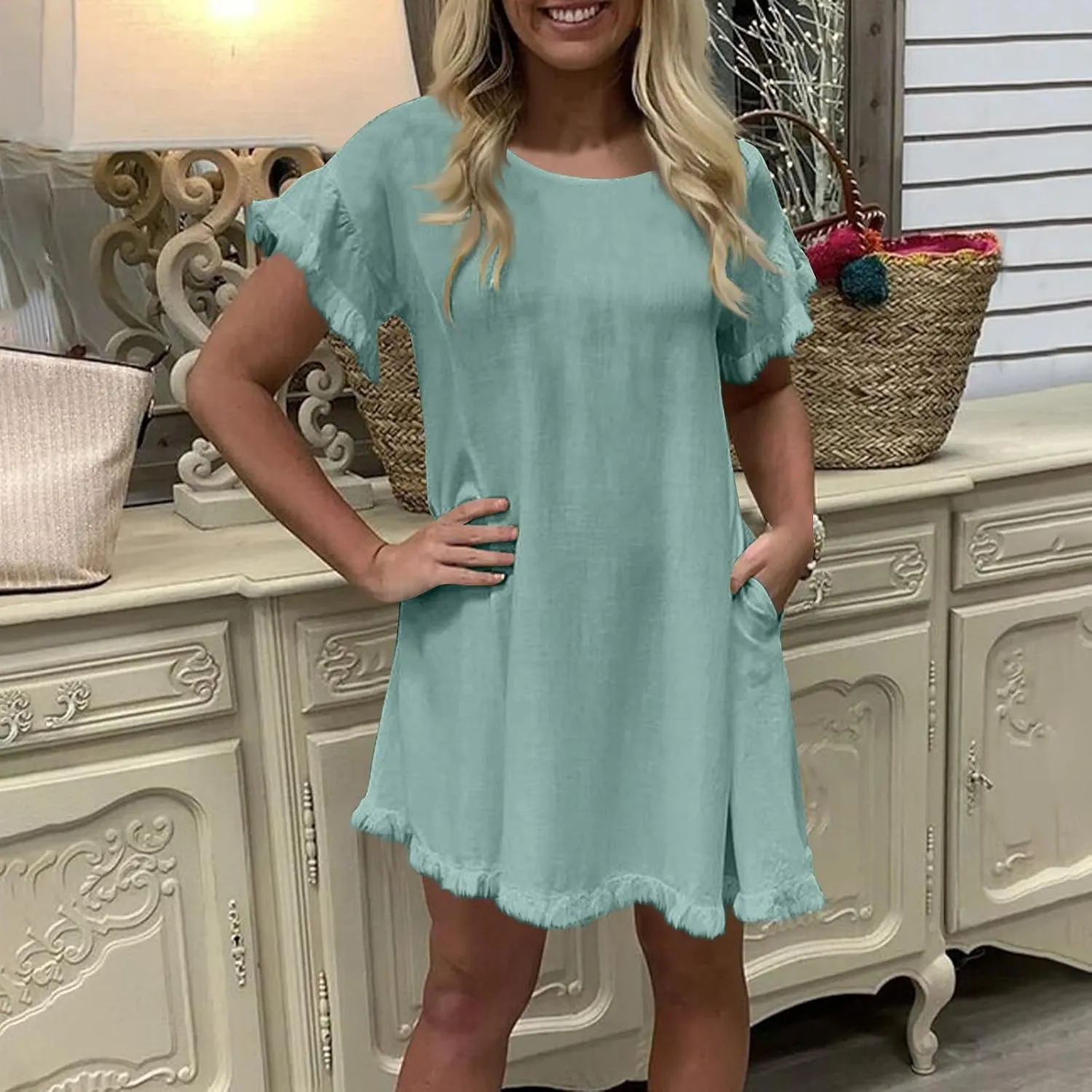 Women Summer Dress Plus Size Round Neck Ruffle Short Sleeve Modest Frayed Dresses Casual Fashion Loose Mini Dress