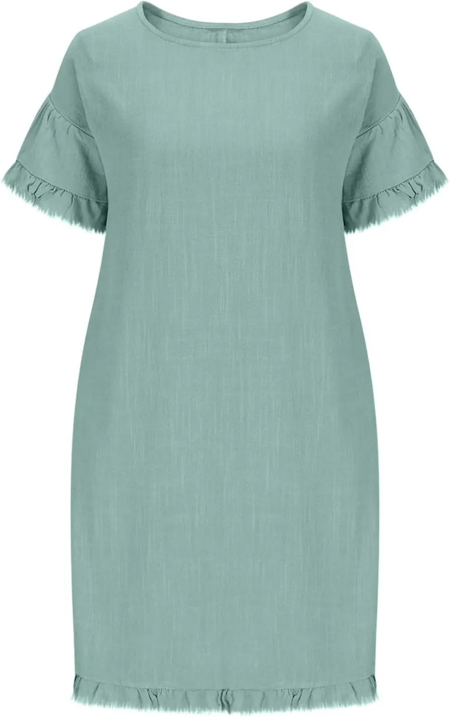 Women Summer Dress Plus Size Round Neck Ruffle Short Sleeve Modest Frayed Dresses Casual Fashion Loose Mini Dress