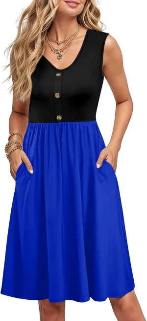 Women Summer Dresses Sleeveless Casual Loose Swing Button Down Midi Sundress with Pockets Beach Vacation