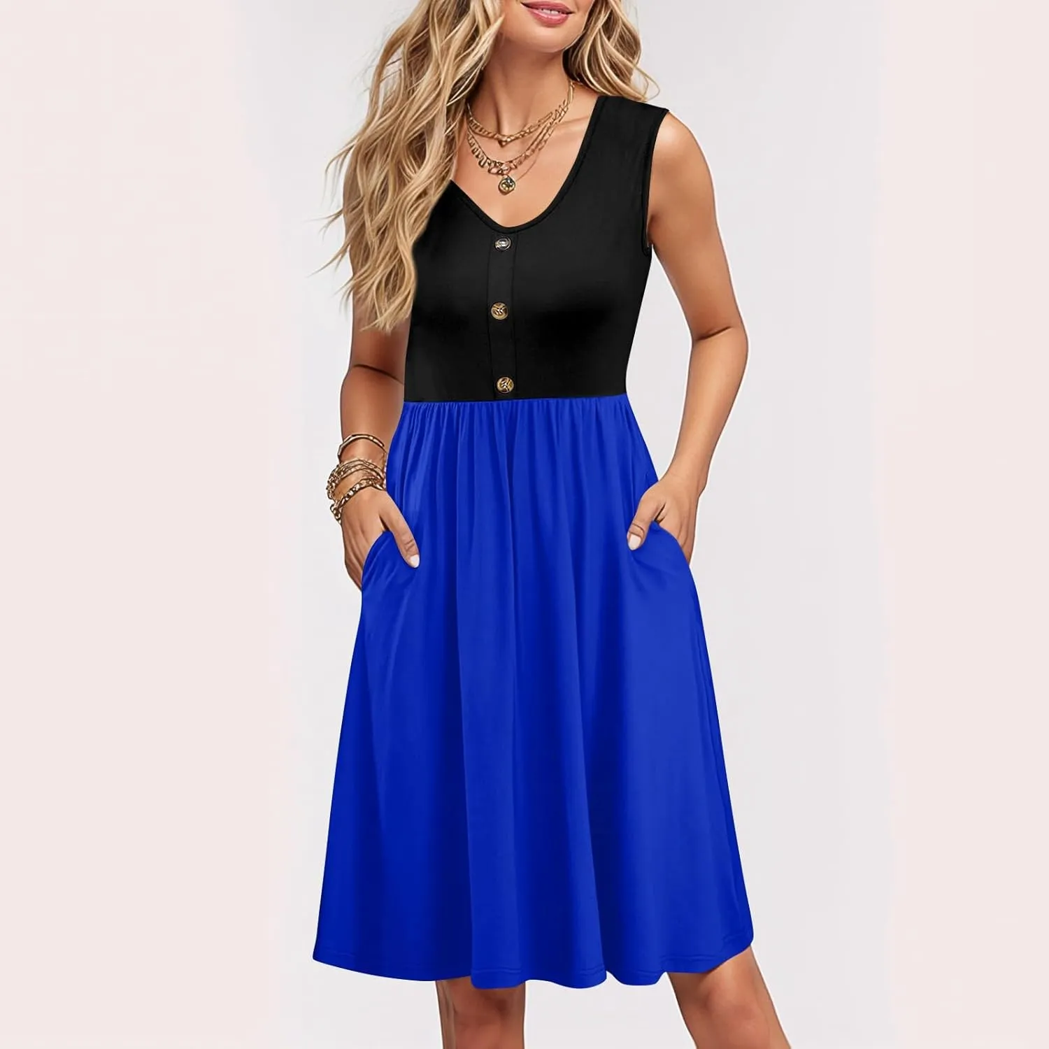 Women Summer Dresses Sleeveless Casual Loose Swing Button Down Midi Sundress with Pockets Beach Vacation