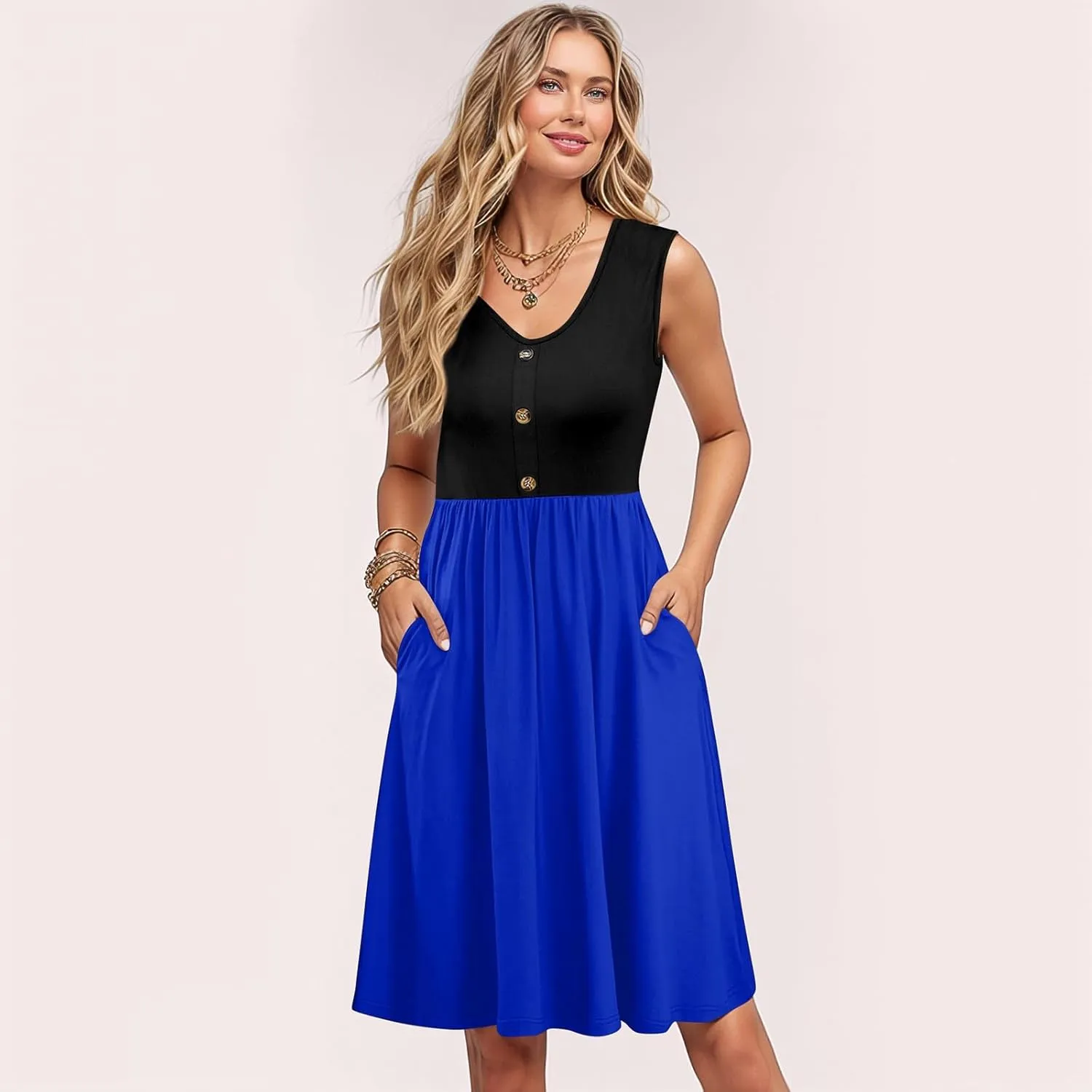Women Summer Dresses Sleeveless Casual Loose Swing Button Down Midi Sundress with Pockets Beach Vacation