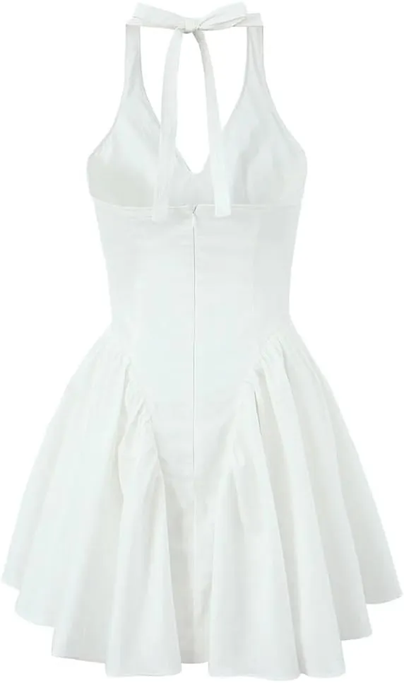 Women V-Neck Evening Party Mini Dress Ruffle Hanging Neck Backless Bodycon Dresses