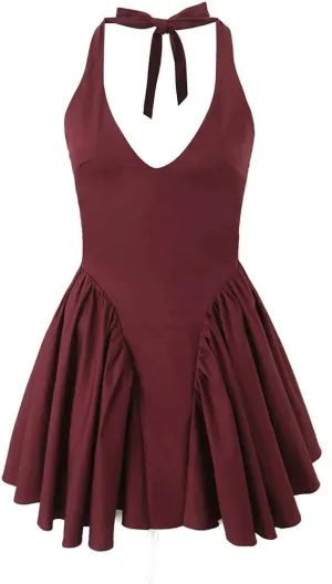 Women V-Neck Evening Party Mini Dress Ruffle Hanging Neck Backless Bodycon Dresses