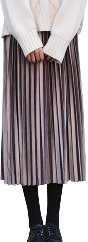 Women Vintage Elastic Waist Velvet A-Line Pleated Midi Skirt Flare Swing Long Skirts