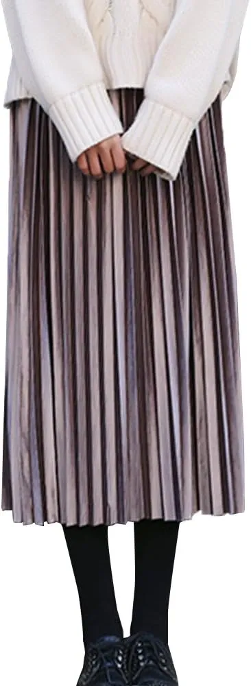 Women Vintage Elastic Waist Velvet A-Line Pleated Midi Skirt Flare Swing Long Skirts