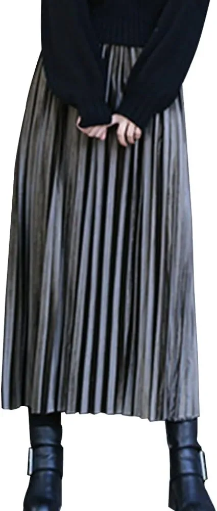 Women Vintage Elastic Waist Velvet A-Line Pleated Midi Skirt Flare Swing Long Skirts