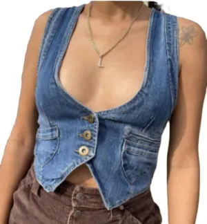 Women Vintage Y2K Denim Vest Sexy V Neck Button Down Cropped Jean Corset Sleeveless Waistcoat Tank Top Streetwear