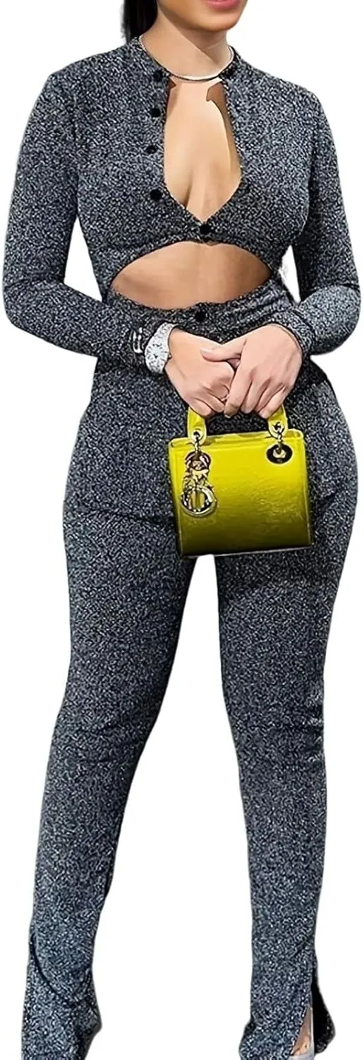 Womens 2 Piece Outfits Hollow Out Casual Lady Business Suits Button Long Sleeve Cardigan Tops,High-Waist Slim Fit Pants Set