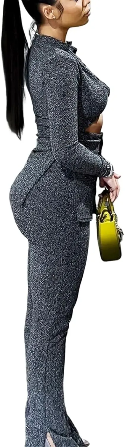 Womens 2 Piece Outfits Hollow Out Casual Lady Business Suits Button Long Sleeve Cardigan Tops,High-Waist Slim Fit Pants Set