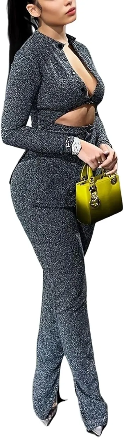 Womens 2 Piece Outfits Hollow Out Casual Lady Business Suits Button Long Sleeve Cardigan Tops,High-Waist Slim Fit Pants Set
