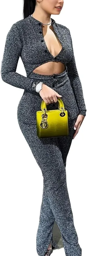 Womens 2 Piece Outfits Hollow Out Casual Lady Business Suits Button Long Sleeve Cardigan Tops,High-Waist Slim Fit Pants Set