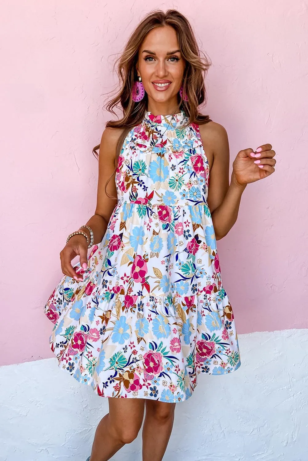 Women's 2023 Summer Boho Floral Sundress Sleeveless Halter Neck Elastic Waist Tiered Ruffle Mini Swing Dress