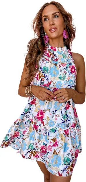 Women's 2023 Summer Boho Floral Sundress Sleeveless Halter Neck Elastic Waist Tiered Ruffle Mini Swing Dress