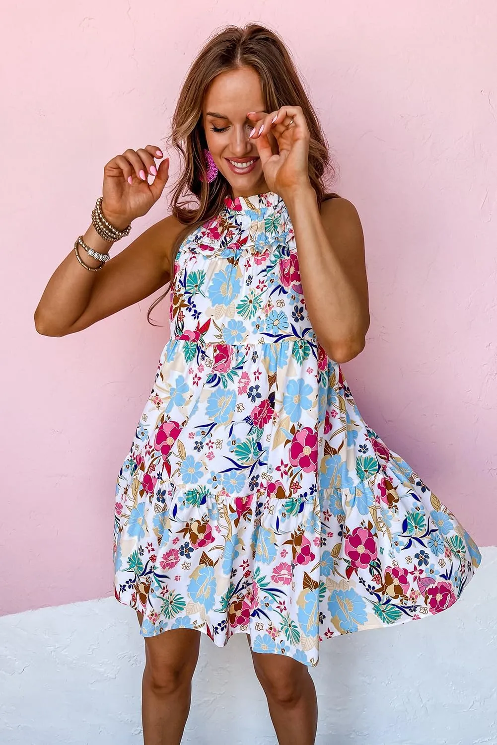 Women's 2023 Summer Boho Floral Sundress Sleeveless Halter Neck Elastic Waist Tiered Ruffle Mini Swing Dress