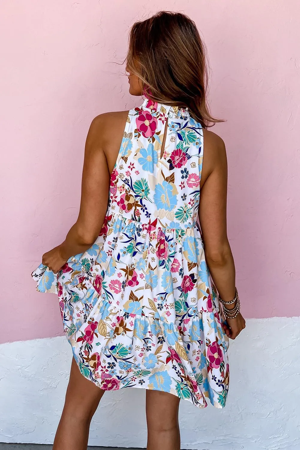 Women's 2023 Summer Boho Floral Sundress Sleeveless Halter Neck Elastic Waist Tiered Ruffle Mini Swing Dress
