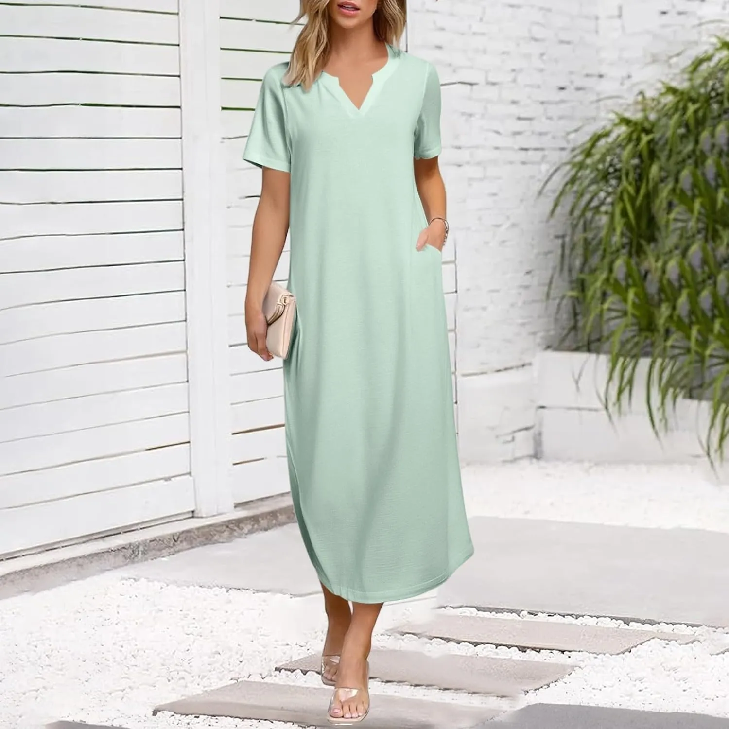 Women's 2025 Spring Summer Casual Maxi Dress Beach Vacation Short Sleeve Crewneck Basic Long T Shirt Dresses