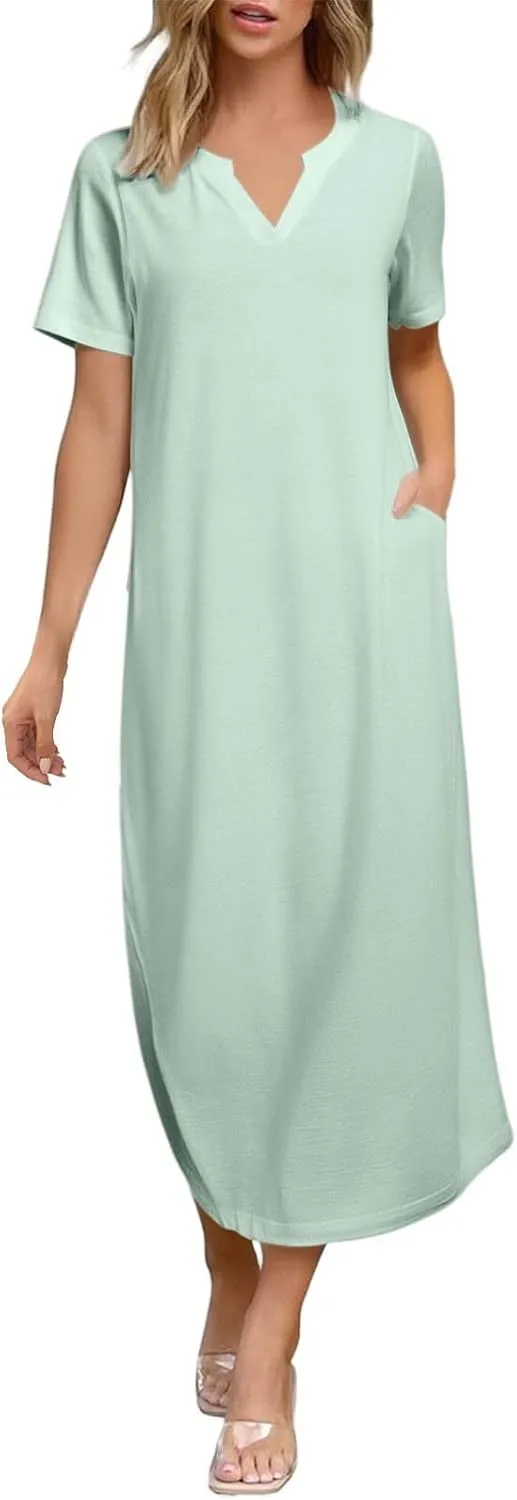 Women's 2025 Spring Summer Casual Maxi Dress Beach Vacation Short Sleeve Crewneck Basic Long T Shirt Dresses