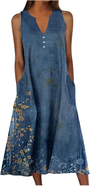 Womens 2025 Summer Trendy Floral Dress Casual V-Neck Button Sleeveless Sundresses Beach Vacation Tank Dresses