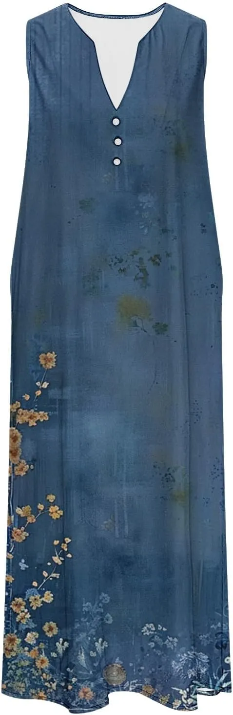 Womens 2025 Summer Trendy Floral Dress Casual V-Neck Button Sleeveless Sundresses Beach Vacation Tank Dresses