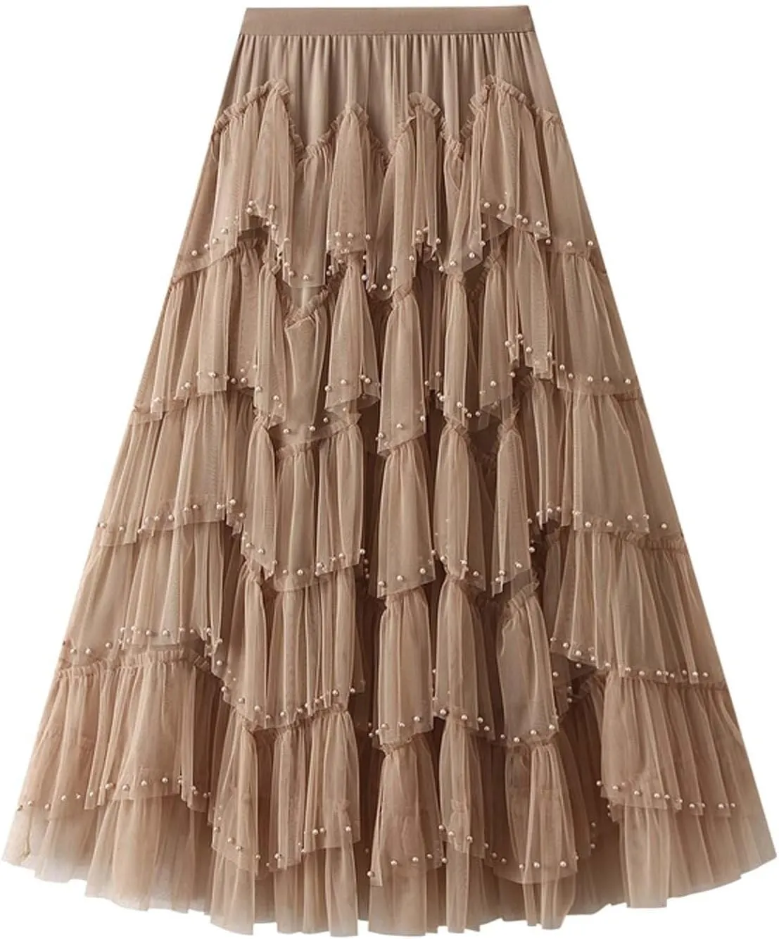 Women's A Line Tulle Party Dinner Tutu Skirt Brown Stretchy High Waisted Flared Skirt Girls Dark Skirt