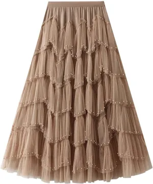 Women's A Line Tulle Party Dinner Tutu Skirt Brown Stretchy High Waisted Flared Skirt Girls Dark Skirt