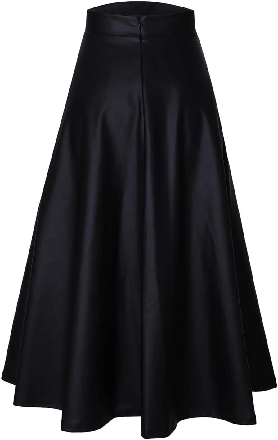 Women's Black High Waist Pu Leather in The Long A Line Skirt Black High Waist Midi Skirt Pleated Loose Plus Size Skirt