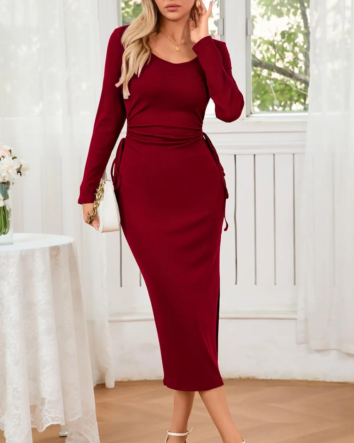 Women's Bodycon Midi Dress Long Sleeve Side Cutout Waist Drawstring Square Neck Slit Ribbed Knit Summer Dresses 2025