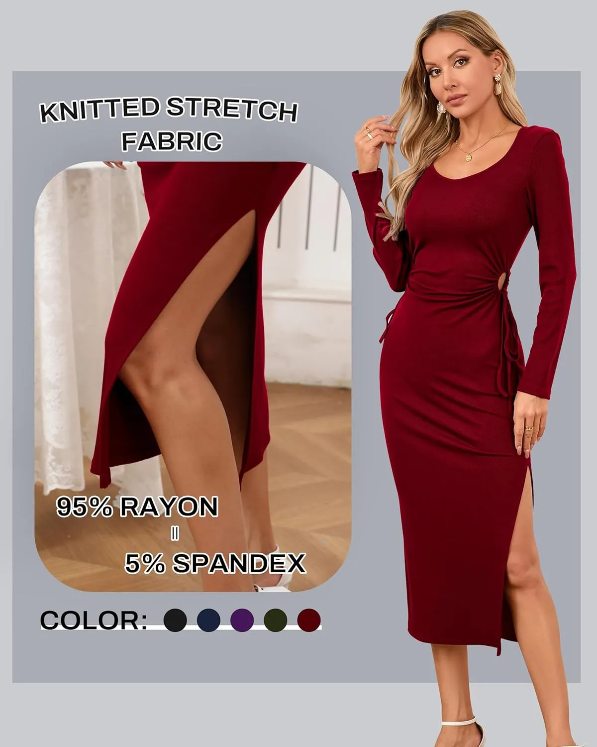 Women's Bodycon Midi Dress Long Sleeve Side Cutout Waist Drawstring Square Neck Slit Ribbed Knit Summer Dresses 2025