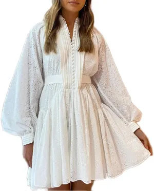 Women's Bohemian Floral Print Button Down Long Lantern Sleeve Shift Tunic Dress Casual Ruffle Swing Mini Dress
