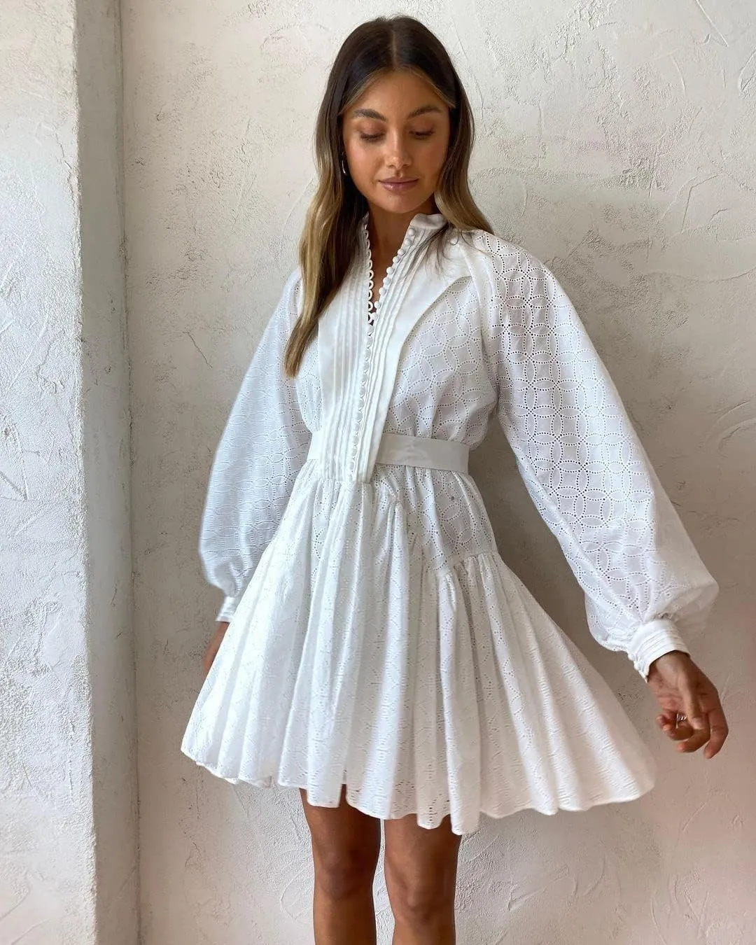 Women's Bohemian Floral Print Button Down Long Lantern Sleeve Shift Tunic Dress Casual Ruffle Swing Mini Dress