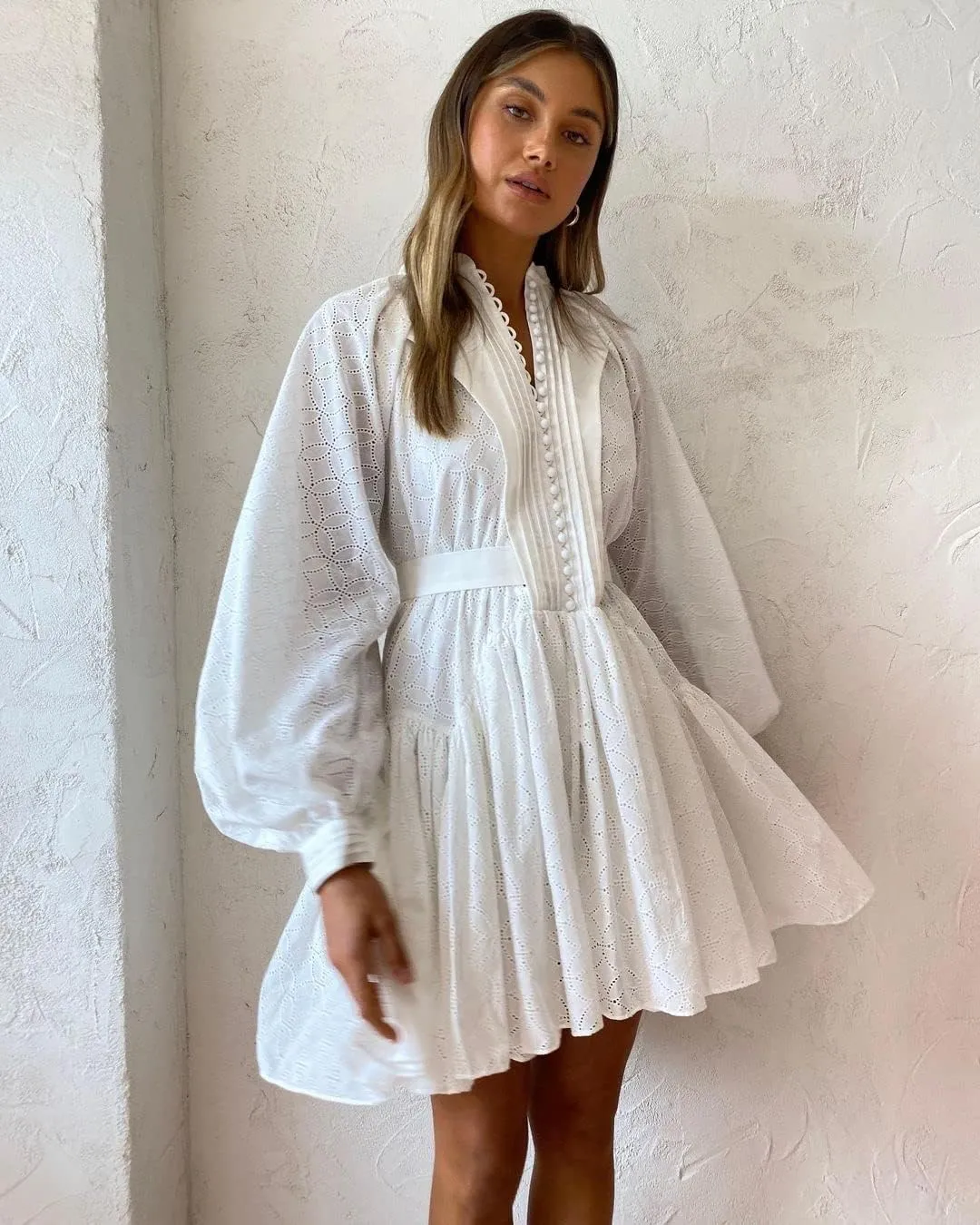 Women's Bohemian Floral Print Button Down Long Lantern Sleeve Shift Tunic Dress Casual Ruffle Swing Mini Dress