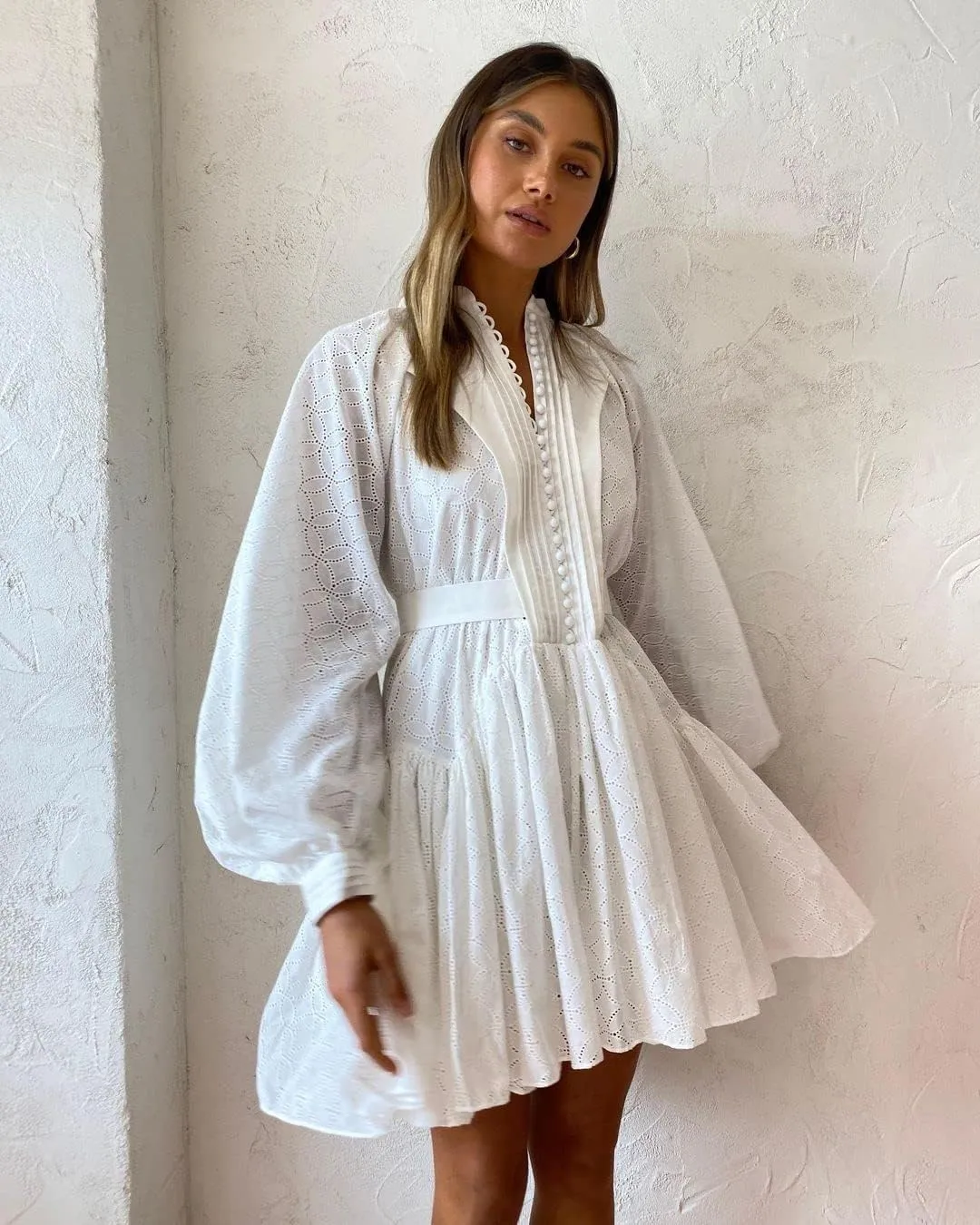 Women's Bohemian Floral Print Button Down Long Lantern Sleeve Shift Tunic Dress Casual Ruffle Swing Mini Dress