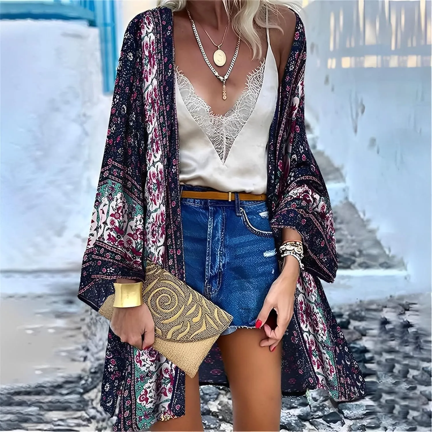 Womens Bohemian Floral Print Kimono Cardigan Blouse Casual Summer Loose Cover Ups Long Sleeve Tops