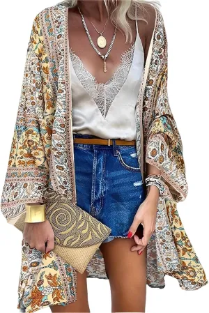 Womens Bohemian Floral Print Kimono Cardigan Blouse Casual Summer Loose Cover Ups Long Sleeve Tops
