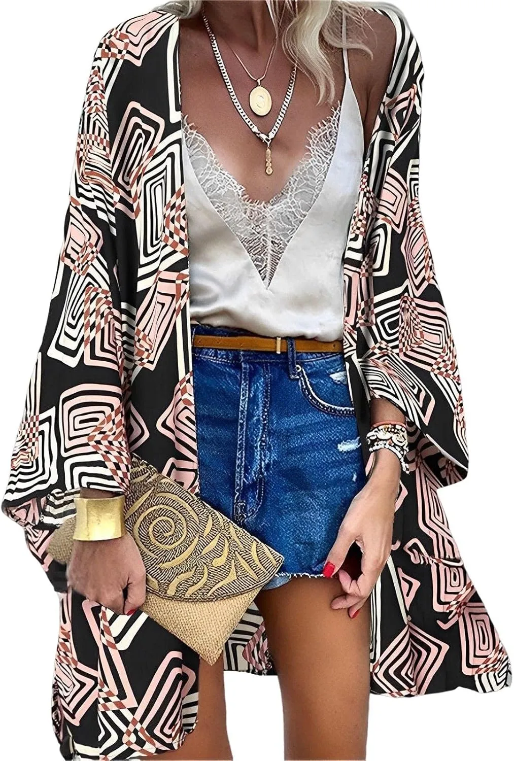 Womens Bohemian Floral Print Kimono Cardigan Blouse Casual Summer Loose Cover Ups Long Sleeve Tops