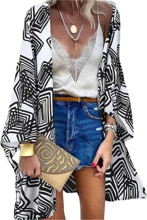 Womens Bohemian Floral Print Kimono Cardigan Blouse Casual Summer Loose Cover Ups Long Sleeve Tops