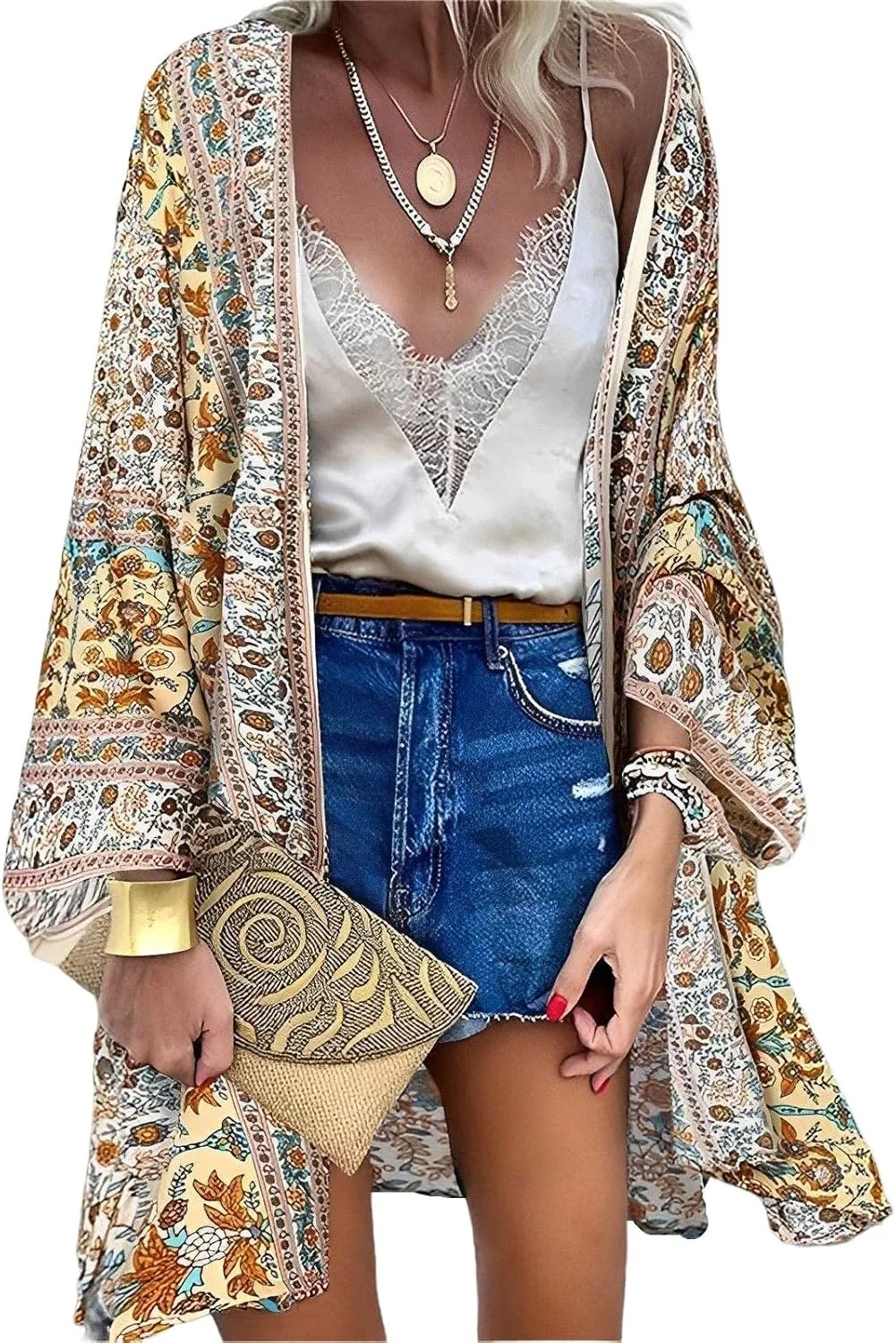 Womens Bohemian Floral Print Kimono Cardigan Blouse Casual Summer Loose Cover Ups Long Sleeve Tops