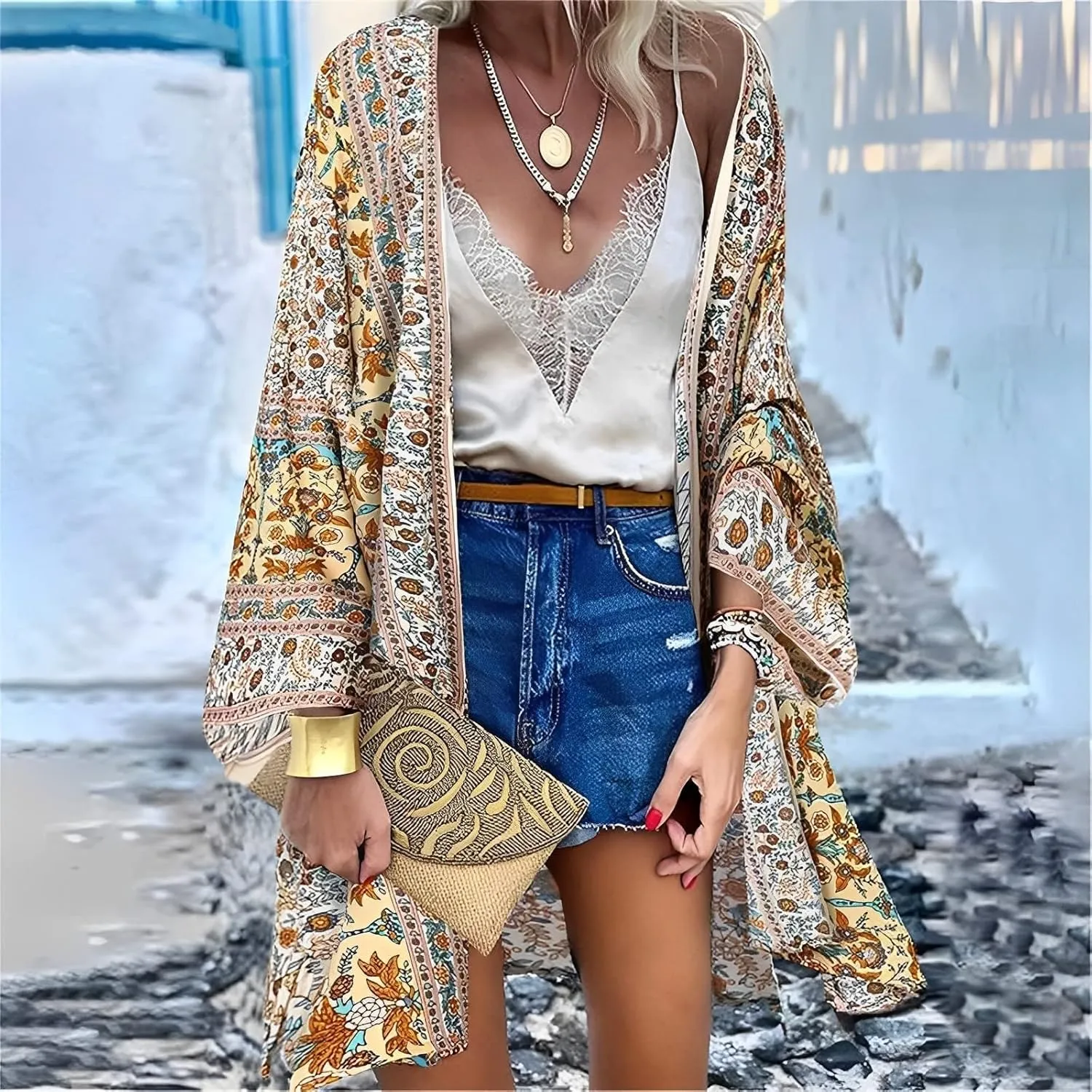Womens Bohemian Floral Print Kimono Cardigan Blouse Casual Summer Loose Cover Ups Long Sleeve Tops