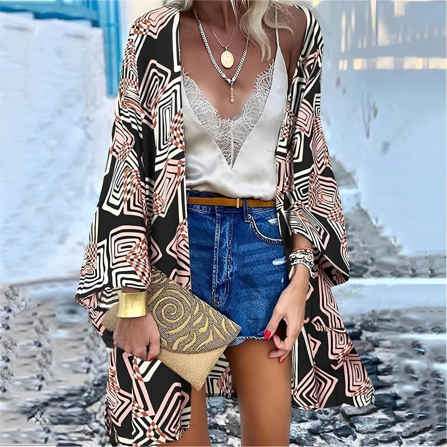 Womens Bohemian Floral Print Kimono Cardigan Blouse Casual Summer Loose Cover Ups Long Sleeve Tops