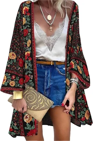 Womens Bohemian Floral Print Kimono Cardigan Blouse Casual Summer Loose Cover Ups Long Sleeve Tops