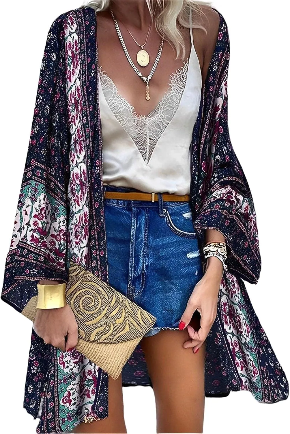 Womens Bohemian Floral Print Kimono Cardigan Blouse Casual Summer Loose Cover Ups Long Sleeve Tops