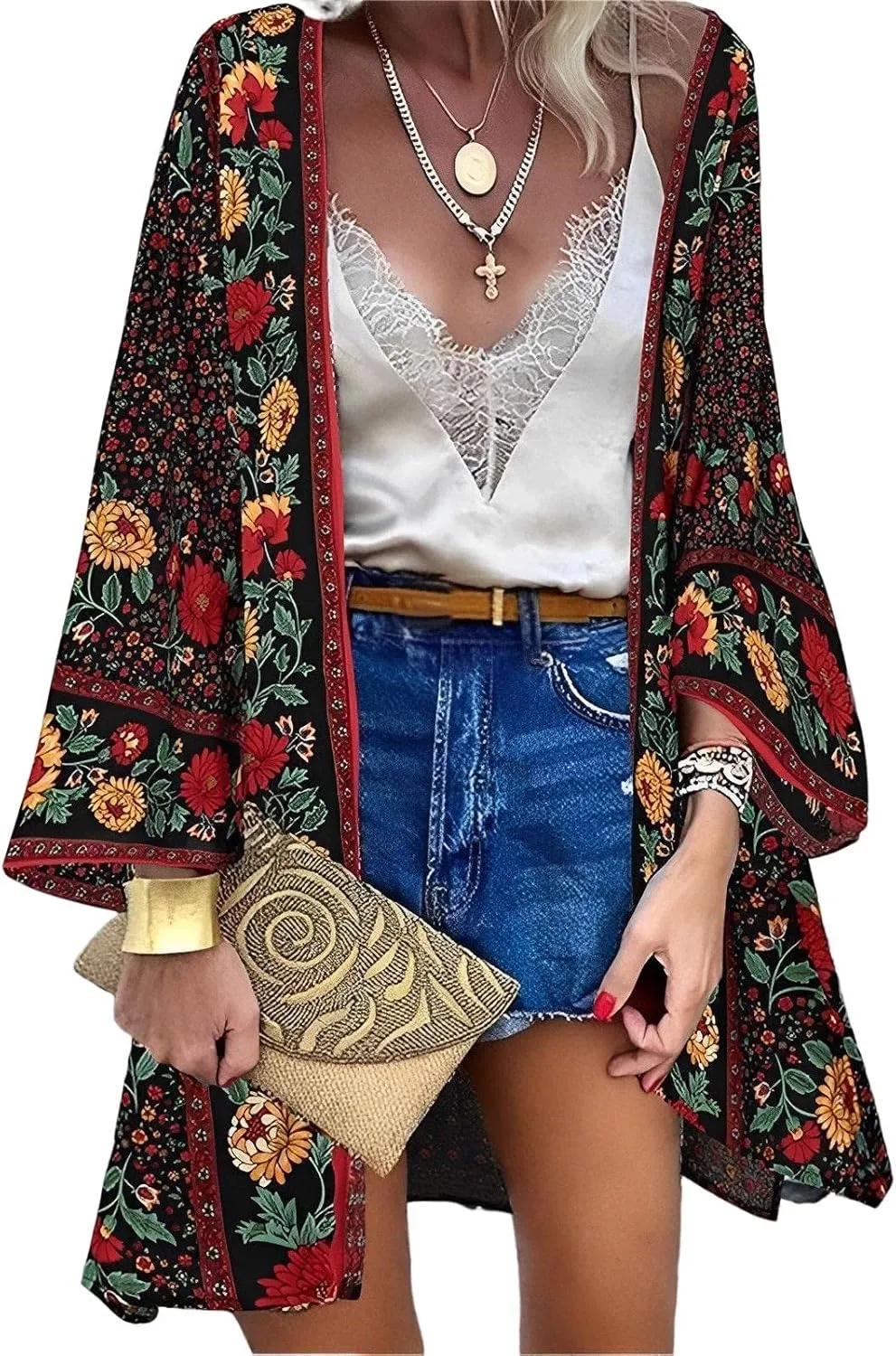Womens Bohemian Floral Print Kimono Cardigan Blouse Casual Summer Loose Cover Ups Long Sleeve Tops