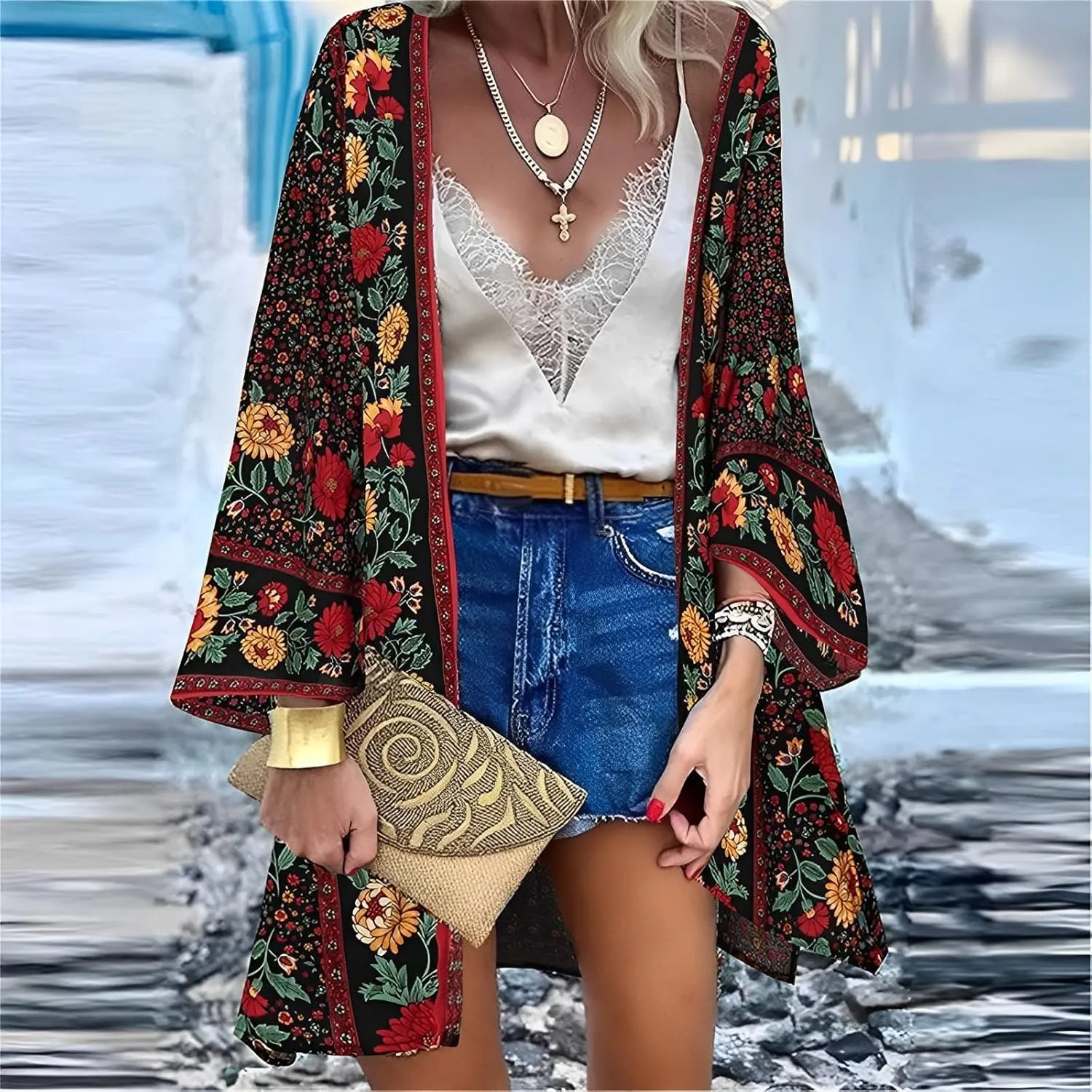 Womens Bohemian Floral Print Kimono Cardigan Blouse Casual Summer Loose Cover Ups Long Sleeve Tops