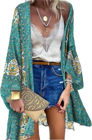 Womens Bohemian Floral Print Kimono Cardigan Blouse Casual Summer Loose Cover Ups Long Sleeve Tops